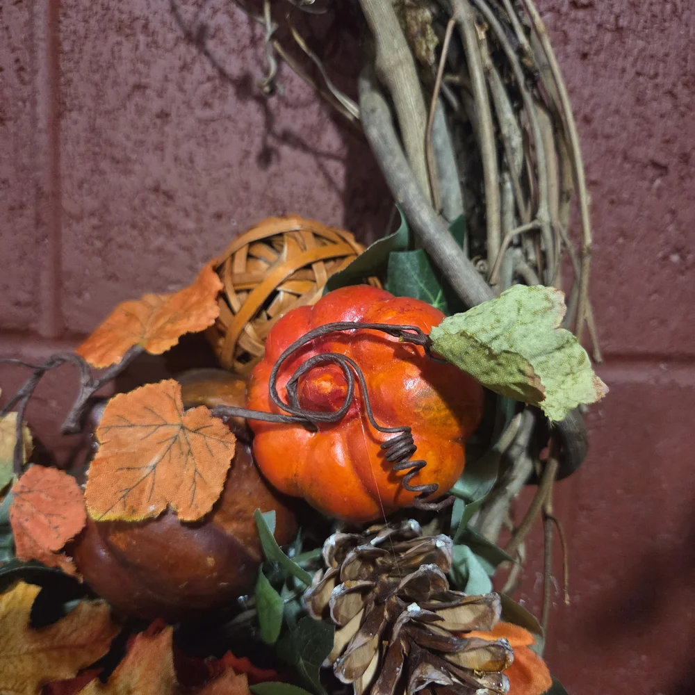 Rustic Autumn Wreath with Orange, Yellow and Green Leaves, Artificial Gourds+